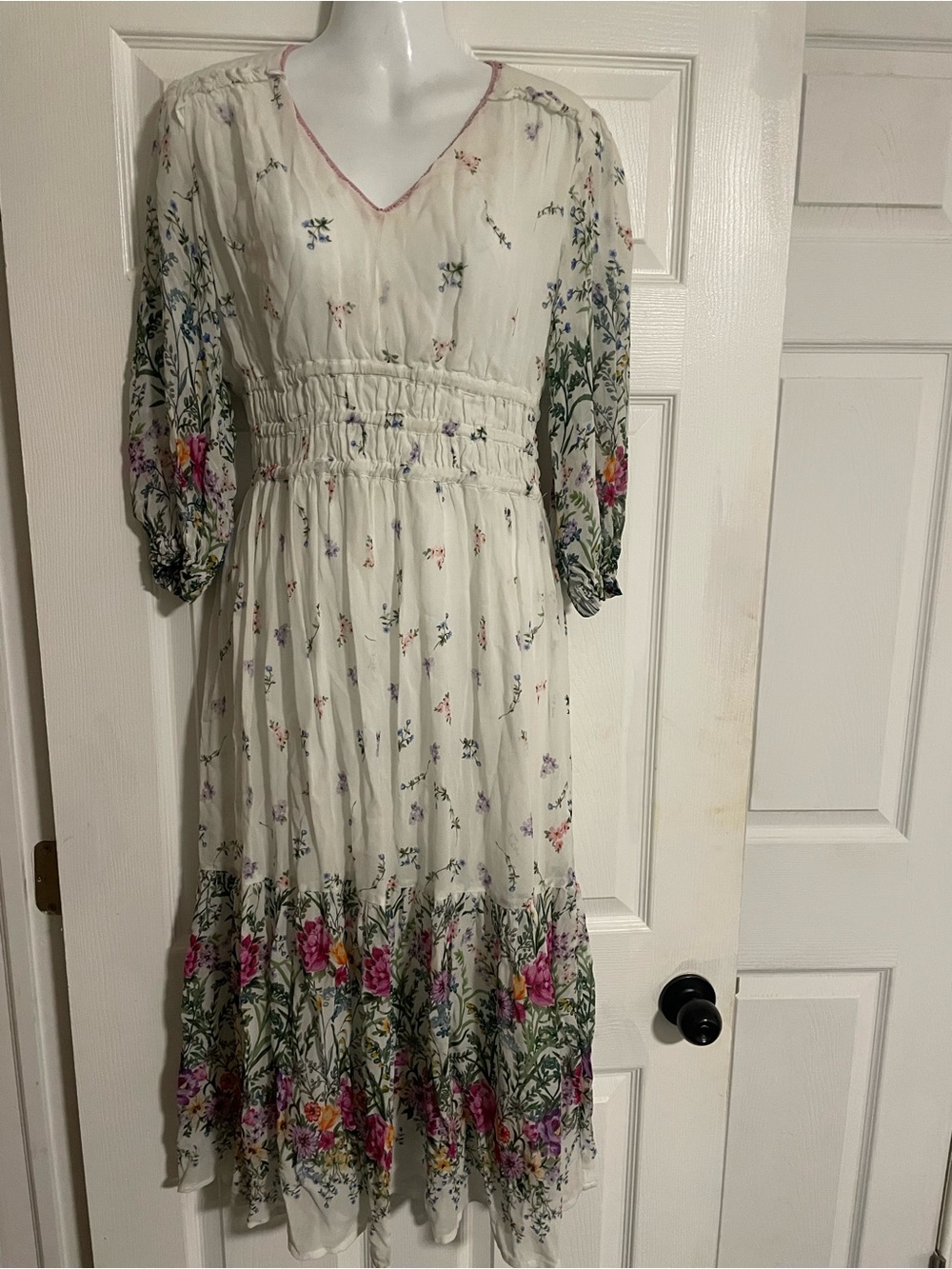 Derhy Ivory Floral Midi Dress with Pink & Green Accents Size M